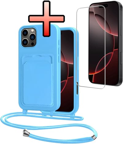 Hoes Geschikt voor iPhone 16 Pro Hoesje Pasjeshouder Cover Met Koord Case Siliconen Hoes Met Telefoonkoord en Kaarthouder Met Screenprotector - Lichtblauw