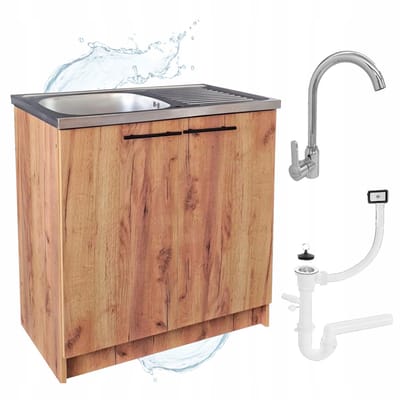 STAMAR - Keukenkast 80cm - Onderkast met Spoelbak met één compartiment + kraan + sifon - Eiken Goud