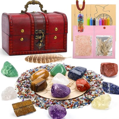 Dailygoody - Helende kristallen set - Chakra stenen - Meditatie geschenken - 35 stuks - Ruwe en getrommelde stenen - Beginners - Houten koffer
