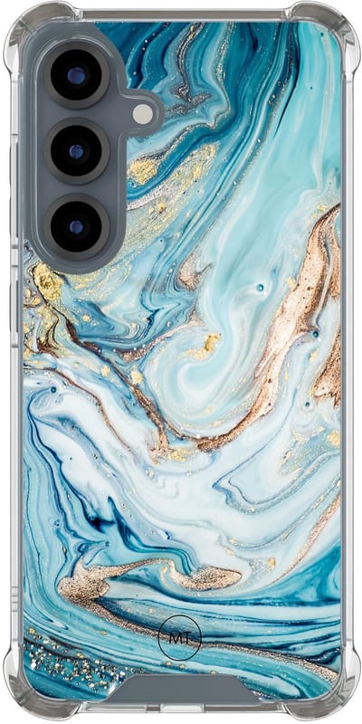 Hoesje (shockproof) geschikt voor Samsung Galaxy S25 - Marmer blauw goud - Extra sterke case - TPU/polycarbonaat - Marmer - Blauw, Transparant