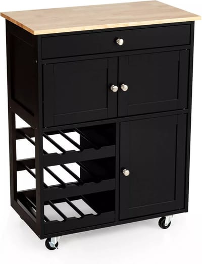 Keukeneiland - Verplaatsbaar - Keukenkast - Dressoir - Organizer - Kasten - Houten Werkblad - Zwart
