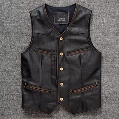 Echt Lederen Vest Vest Vest Western Denim Retro Lente en Herfst Stijl M black