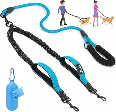 Dubbele Hondenriem - Verstelbare Lijn - Wandelen met Twee - Geen Klit 360° - M 8-35lbs - Blauw