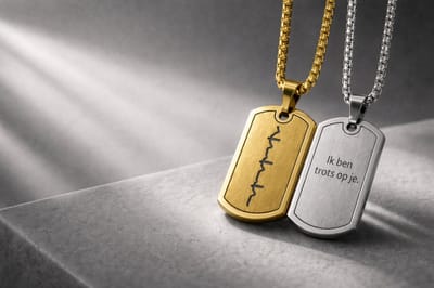 Samenlijn - Gepersonaliseerde Ketting - Rechthoekige Hanger - RVS Goudkleurig - Foto, Hartslag of Stemgravure - Cadeau voor Hem en Haar