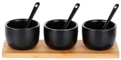 Snackkommen met Lepels Keramiek Zwart 90 ml 7 delig - Snackkom - Dipschalen - Set - Kleine Komen voor Dipsauzen en Snacks