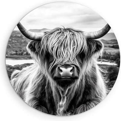 Saammp - Muurcirkel Hout - Schotse Hooglander Koe - Zwart-Wit - Dieren - Landschap - Ø 90 - Wandcirkel - Wanddecoratie Cirkel - muurdecoratie Woonkamer - Slaapkamer decoratie - Rond Schilderij