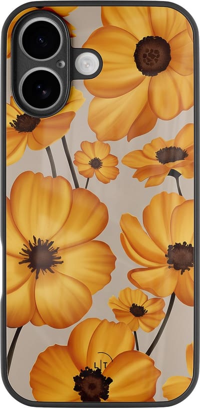 Hoesje geschikt voor iPhone 17 - Golden bloom - Luxe Glazen Hardcase - Bloemen - Goud - Leuke Telefoonhoesjes
