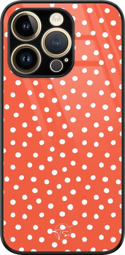 Hoesje geschikt voor iPhone 14 Pro - Oranje stippen - Luxe Hard Case - Gestipt - Oranje - Mooie Telefoonhoesjes