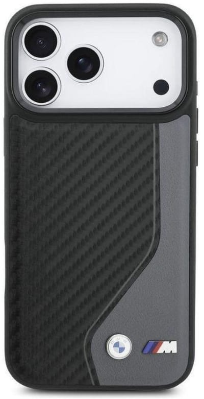 BMW - hoesje voor iPhone 17 Pro Max - MagSafe Matte Carbon Fiber Metal Propeller Logo - zwart