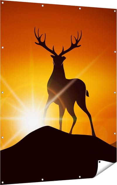 Gards Tuinposter Hert op een Berg - Abstract - Silhouet - 120x160 cm - Tuindoek - Tuindecoratie - Wanddecoratie buiten - Tuinschilderij