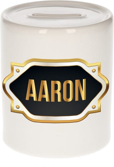 Spaarpot met voornaam Aaron - wit - met goud/zwart embleem - 8 x 9 cm - keramiek - met afsluitdop - cadeau verjaardag