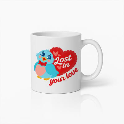 Lost in Your Love Mok 330ml – Schattige Romantische Koffiebeker met Vogel & Hart Ontwerp – Perfect Cadeau voor Valentijnsdag, Stelletjes & Jubilea