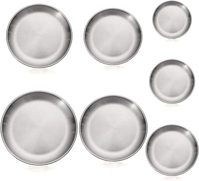 Ronde RVS Dinerservies Set van 7 Stuks, Ideaal voor Kamperen, Feestjes en Keukengebruik (14-34 cm, 7 Maten)