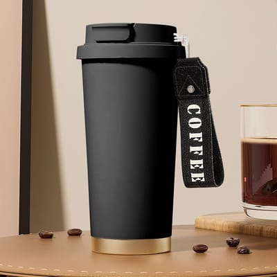 BPA-vrije thermosbeker voor onderweg met flip straw, roestvrij staal en dubbele wand, lekvrije reisbeker voor koffie en thee, 0.53 L