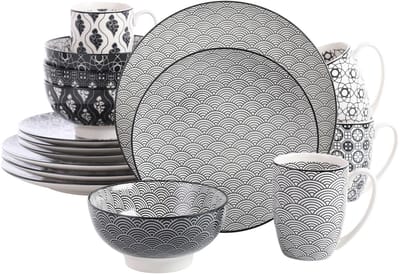 Serviesset - Japanse Stijl - 4 Persoons Servies - Porselein - Diner- en Dessertborden, Kommen en Kopjes - 16-delige Set