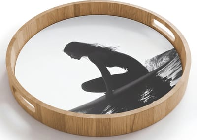 Dienblad rond 40x40 cm - Schootdienblad hout - Silhouet - Vrouw - Surfplank - Water - Borrelplank rechthoek - Plateau houten dienbladen