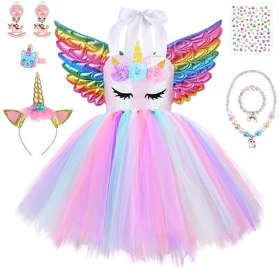 Dailygoods- Verkleedset Meisjes - Eenhoorn Kostuum - Tutu Jurk - Hoofdband - Regenboogvleugels - Geschikt voor 2-6 jaar - Meisjeskostuum