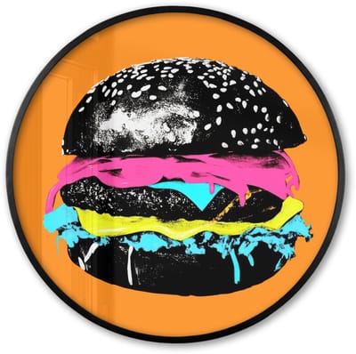 Poster in lijst Rond - Fotolijst 60x60 cm - Posters - Hamburger - Oranje - Neon - popart - Ronde posterlijst zwart - Decoratie - Wanddecoratie woonkamer - Muurdecoratie slaapkamer