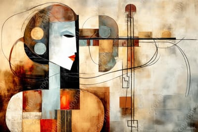 John Joseb Art (Canvas) 120x80 | Vrouw met viool, Picasso stijl, modern surrealisme, abstract, kunst | muziek, instrument, rood, blauw, grijs, bruin, wit, modern | Foto-Schilderij canvas print (wanddecoratie)