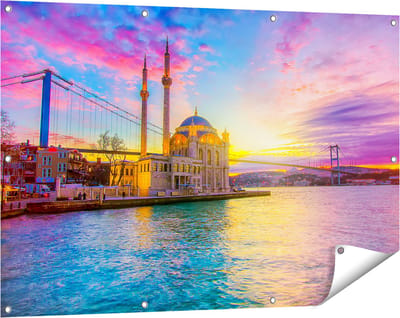 Gards Tuinposter Kleurrijke Ortakoy Moskee in Instanbul - 120x80 cm - Tuindoek - Tuindecoratie - Wanddecoratie buiten - Tuinschilderij