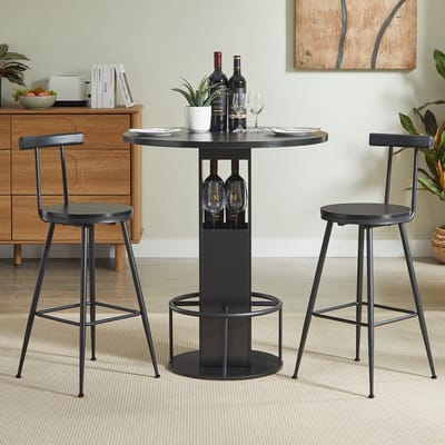 MIVRAY Bartafelset - Ronde Eettafel Met 2 Krukken En Opbergruimte - Voor Keuken En Woonkamer - Spaanplaat En Staal - Zwart