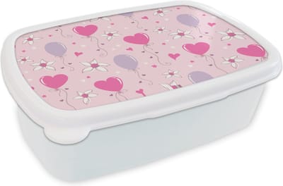 Broodtrommel Wit - Lunchbox - Brooddoos - Ballon - Patronen - Roze - 18x12x6 cm - Volwassenen