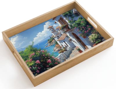 Dienblad hout 40x30 cm - Schootdienblad - Huizen - Zee - Bomen - Bloemen - Borrelplank rechthoek - Plateau dienbladen