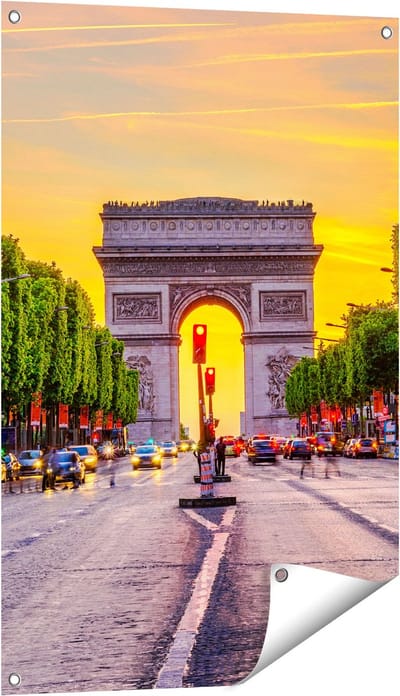 Gards Tuinposter Arc de Triomphe in Parijs vanaf de Straat - 60x90 cm - Tuindoek - Tuindecoratie - Wanddecoratie buiten - Tuinschilderij