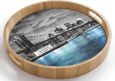 Dienblad rond 40x40 cm - Schootdienblad hout - New York - Skyline - Stad - Blauw - Borrelplank rechthoek - Plateau houten dienbladen