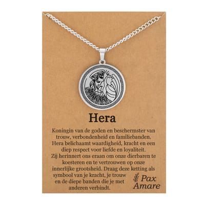 Griekse God Hera Ketting op Cadeau Kaartje - Goudkleurige Mythologie Talisman - Roestvrij Staal - Olympus Cadeau - 60cm - Pax Amare