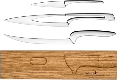 Déglon 3-delige messenset – Bourgondisch eikenhout – RVS – Elegant design – Inclusief messenblok