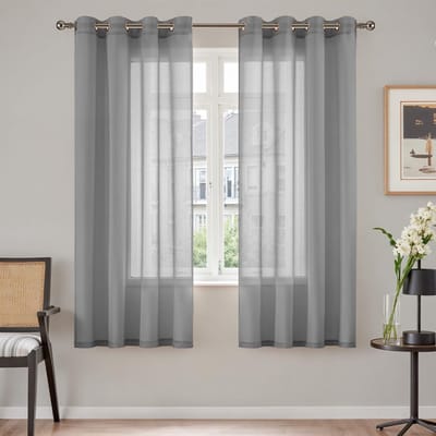 Gordijnen met oogjes, effen, voor woonkamer, slaapkamer, raam, grijs, transparant, doorzichtig, landhuisstijl, moderne raamgordijnen, set van 2, 140 x 160 H (cm)