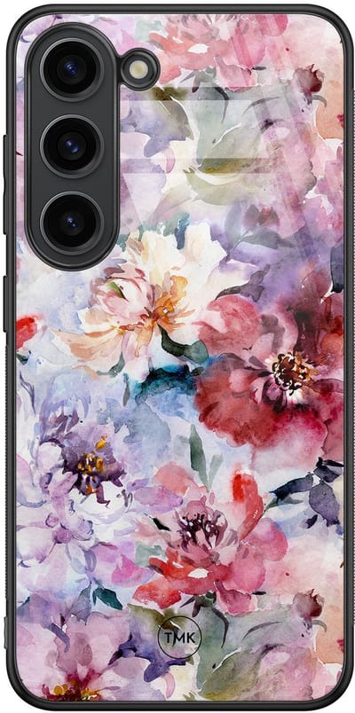 Hoesje geschikt voor Samsung Galaxy S23 - Bloemen acryl - Paars - TPU luxe case (glossy toplaag) - Bloemen - Hardcase backcover zwart