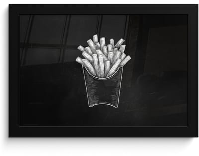 Poster in lijst - Fotolijst 30x20 cm - Posters - Friet - Witte krijttekening - Zwart - Posterlijst zwart - Decoratie - Wanddecoratie woonkamer - Muurdecoratie slaapkamer