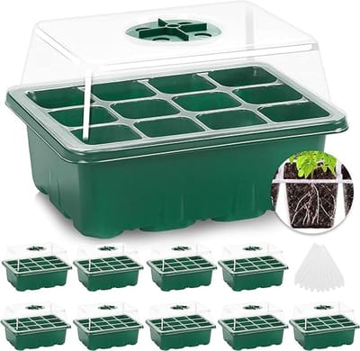 Famanu Zaadbakjes, 10 stuks 120 cellen zaadbakken voor zaailingen, herbruikbare zaaibakken met deksels, kweekbak, groeiende starterbak, kiembakjes, kunststof, voor broeikas/tuin, groen