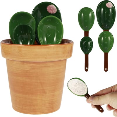 Set van 5 Maatlepels en Organiser voor Keuken, Keramische Cactus Maatlepels voor Vloeistoffen, Droge en Nat Maten, Ideaal voor Voedsel, Zout en Suiker