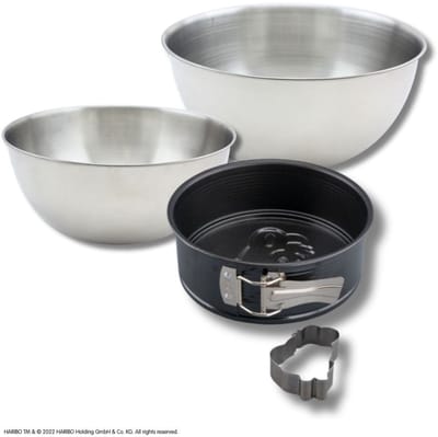 Bakset met mini springvorm 18 cm met scharnier en koekjesuitsteker met beertje, 2 mengkommen en spatel Zenker