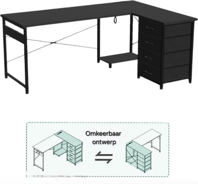 hoekbureau gaming-L-vormig bureau met stopcontacten en USB-oplaadpoort-135 x 100 cm-zwart