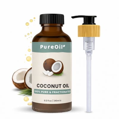PureOil – Kokos Olie – 240ml – Koudgeperst & Hexaanvrij – 100% Puur, Natuurlijk & Vegan – Kokosolie Vloeibaar Voor Haar | Huid | Gezicht | Scalp | Wimpers | Wenkbrauwen | Nagels - Massage Olie - Incl. Ebook