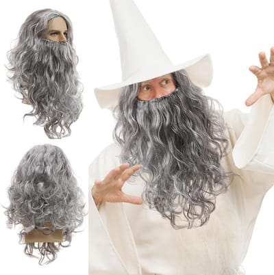 Wizard Perücke met Lange Baard, Grijze Cosplay Haar voor Carnaval, Halloween en Kerstfeest