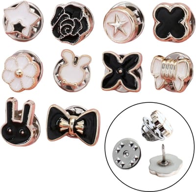 Fako Bijoux - Pin Broche Mini - Steek Pin Knopen Set - 10 Mini Broches - 8-12mm - Silver, Gold, Black & White - 10 Stuks - Zilver, Goud, Zwart & Wit - Serie 9