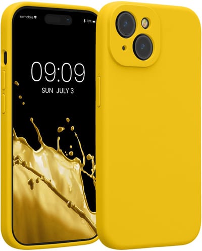 kwmobile telefoonhoesje geschikt voor Apple iPhone 15 - TPU backcover met siliconen coating - Smartphone case in stralend geel