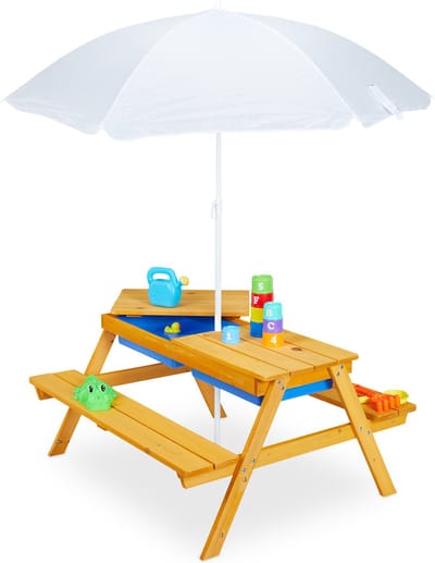 Kinderpicknicktafel met parasol - met 2 bakken - hout