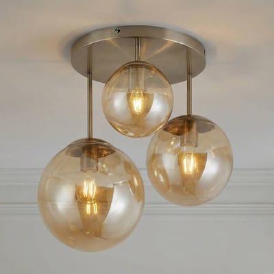 Lindby - plafondlamp - 3lichts - Glas, staal - H: 44 cm - E27 - amber, oud messing