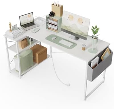 Klein Hoekbureau met - 100x70 cm L-vormig Computerbureau Schrijftafel met Omkeerbare Grote Opbergplanken - Boekenplank Werkstation voor Studie, Speel, Werk en Slaapkamer in Thuis Kantoor