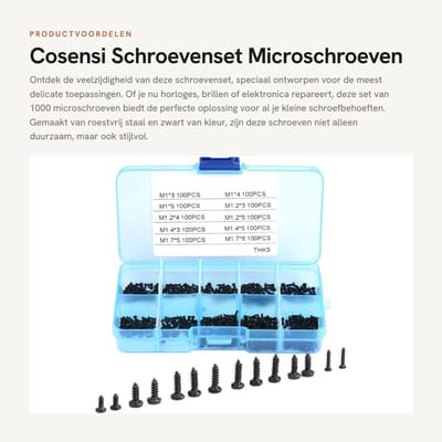 Dailygoods - Schroevenset Microschroeven - Assortiment van 1000 Stuks - Perfect voor Kleine Reparaties - Zwart - Zelftappende Schroeven - Voor Horloge...