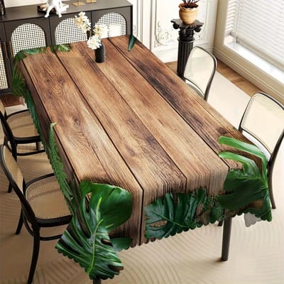 Tropisch Monstera & Houtprint Tafelkleed, Rustiek Bruine Plank met Groene Bladrand, Golvende Rand voor Eetkamer & Jungle 90x140cm
