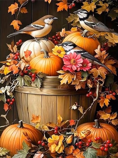 50x40cm Diamond Painting vogels pompoenen (rond) nr 137