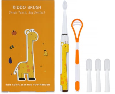 Kiddo Brush Elektrische Tandenborstel voor Kinderen (Vanaf: 3+ jaar) - Inclusief 4 opzetborstels & Tongscraper - 100 dagen batterijduur - Kindertandenborstel geschikt voor kind & peuter - Giraffe