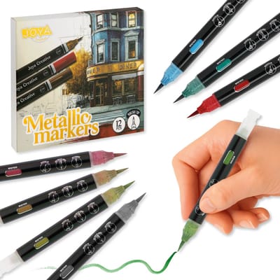 Metallic Acrylstiften - 12 Stuks - Acrylverf Marker Stift - Brush Tip - Stiften Voor Steen, Glas, Hout, Metaal, Textiel en DIY Projecten - Joya Creative